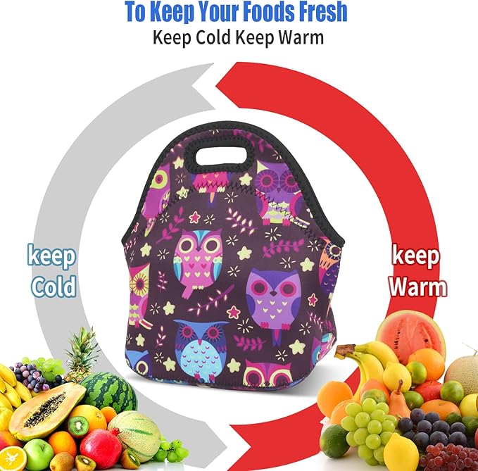 Violet Mist Neoprene Owl Lunch Bag Insulated Waterproof Lunch Bag Tote Cartoon Reusable Lunch Box Containers Food Carrying Lunch Handbags for Women men Work Thanksgiving Christmas Gift