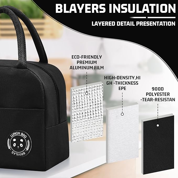 Insulated Lunch Bag for Men Women, Small Portable Reusable Lunch Cooler Tote Bag, Leakproof Thermal Lunch Box for Work Picnic Travel, Black