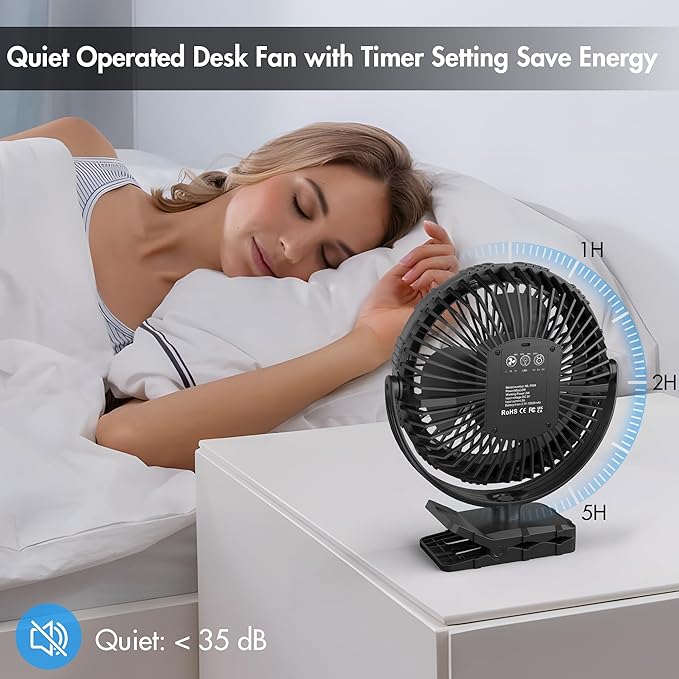 Rechargeable Camping Fan, Battery Operated with Timer, Powerful Airflow Portable Fan, Strong Clip with Light & Hook for Camping Outdoor Travel BBQ Hurricane Power Outage