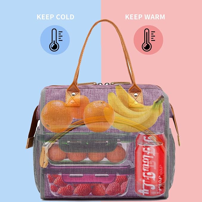 FlowFly Insulated Lunch Bag Wide-Open Lunch Box Large Tote Leakproof Cooler with Drink Holder and Multi Pockets for Women Men Adult Kids Work Picnic Travel Beach Hiking, Purple