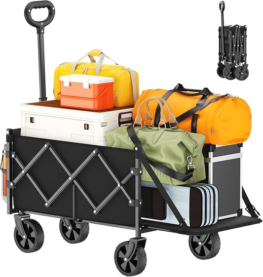 Foldable Wagon with Extended Tailgate: Collapsible Large Capacity Folding Wagon - Heavy Duty Utility Carts for Shopping,Garden,Sports,Groceries,Apartment,Camping,Outdoor - Black
