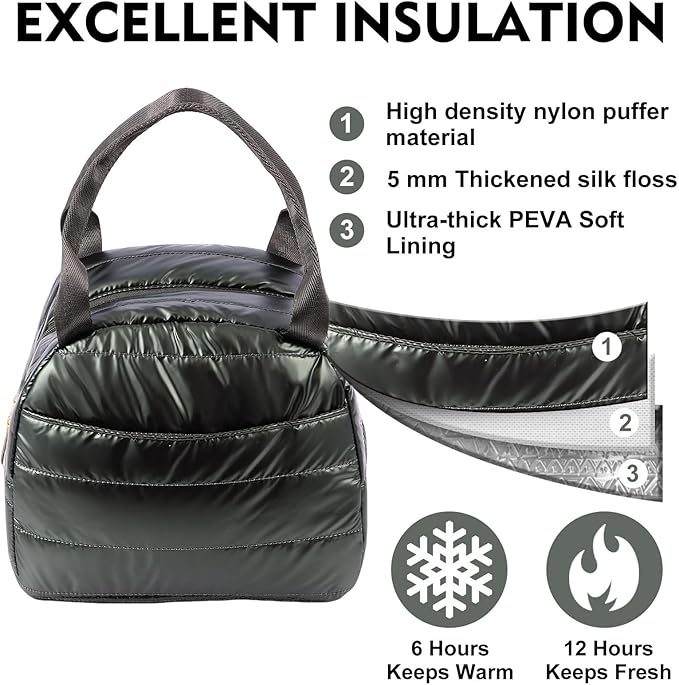 Lunch Bag Lunch Box for Women Men Adult Insulated Cute Small Quilted Puffer Lunchbox Reusable Thermal Lunch Cooler Tote Bag for Work, Picnic or Travel-Olive green
