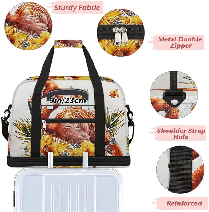 cfpolar Woman Travel Duffel Bag Vintage Flamingo Butterfly Foldable Tote Carry On Luggage Sports Gym Bag With Shoe Compartment Overnight Weekend Yoga Workout Bag Training Handbag