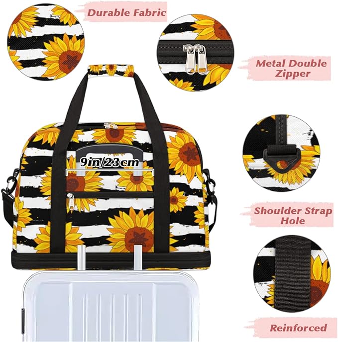 Sunflower Flower Stripe Foldable Travel Duffel Bag Sports Tote Gym Bag With Shoe Compartment For Woman Man Carry On Luggage Overnight Travel Weekend Yoga Workout Bag Training Handbag