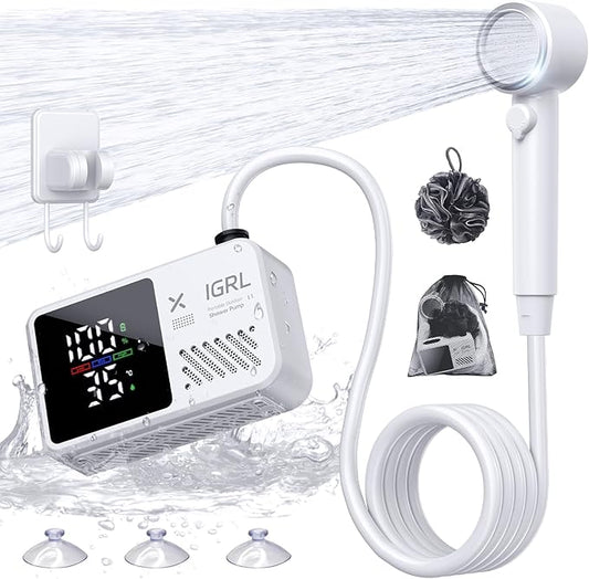 Portable Shower for Camping, Powerful 10L/Min Water Flow, Rechargeable Shower Pump with Bath Sponge, 4 Spray Modes, IPX8 Waterproof, 7800mAh Battery, Ideal for Hiking, Travel, Car Wash, Pet