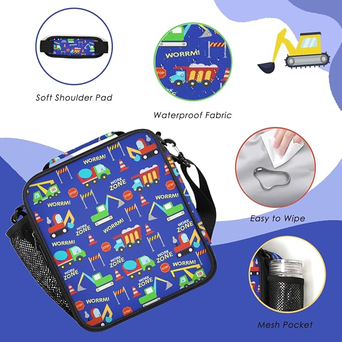Insulated Lunch Bag for Boys - Reusable Lunch Box Water-Resistant Thermal Cooler Meal Tote Bag with Water Bottle Holder for School Picnic Travel (Construction Trucks)