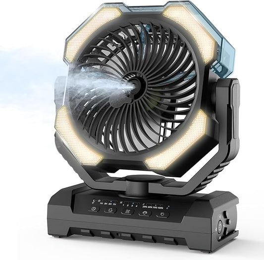 Camping Misting Fan - 30000mAh Portable Battery Powered Fans with 9oz Water Tank, Light, Hook - Rechargeable, 120H Cooling, Last 5H Mist, 4 Speed, Sleep Mode - Outdoor Fan for Travel, Patios, Fishing