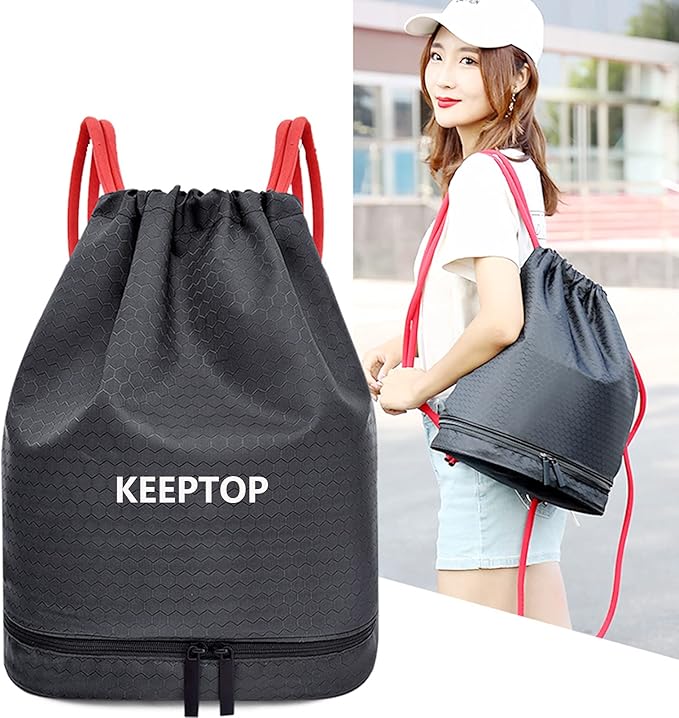 Waterproof Drawstring Backpack Swim Bag Sackpack,Dry Wet Depart,Swimming Gym Yoga Sport Shoulder Rucksack Daypacks Beach Pool Casual Bags (BLACK with RED Drawstring)