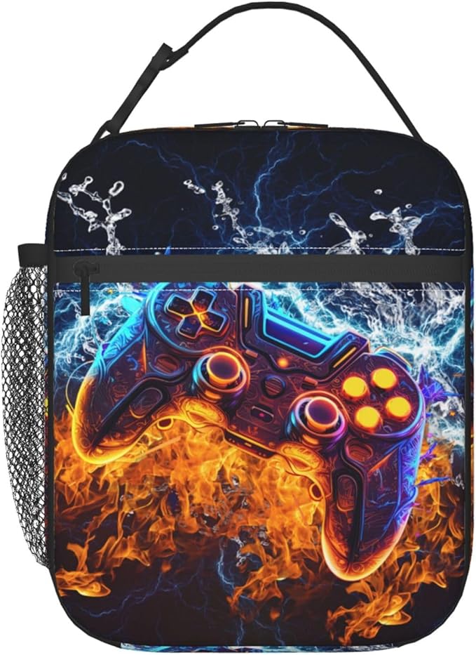 Video Game Controller Insulated Lunch Bag, Gaming Gadgets Lunch Box for Kids, Portable Reusable Zipper Fire and Water Game Lunch Box for Men Women School Work Travel