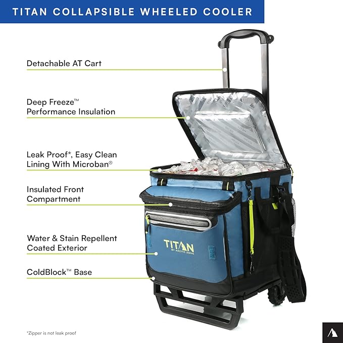 Titan Deep Freeze 60 (50+10) Can Wheeled Cooler - Collapsible Rolling Cooler with Wheels and All-Terrain Cart