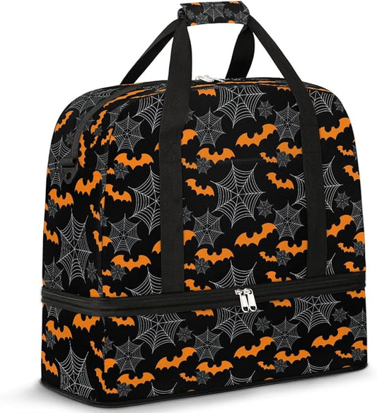 cfpolar Woman Travel Duffel Bag Halloween Bat Spider Web Foldable Tote Carry On Luggage Sports Gym Bag With Shoe Compartment Overnight Weekend Yoga Workout Bag Training Handbag
