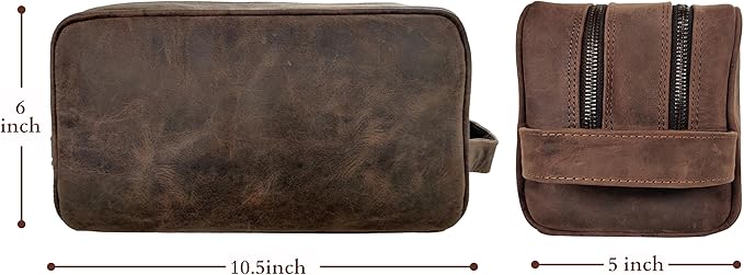 RUSTIC TOWN Full Grain Leather Travel Toiletry Bag - Dopp Kit Organizer (Dark Brown)