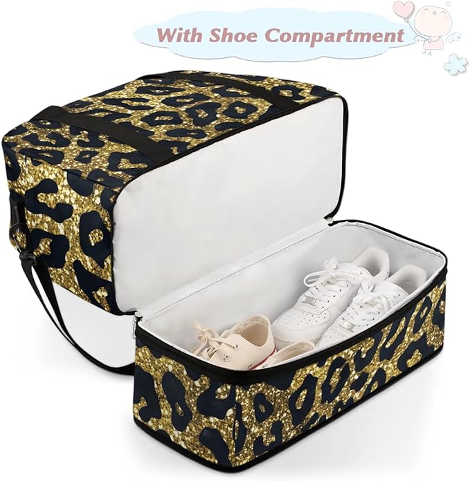 cfpolar Woman Travel Duffel Bag Gold Sequin Leopard Print Foldable Tote Carry On Luggage Sports Gym Bag With Shoe Compartment Overnight Weekend Yoga Workout Bag Training Handbag