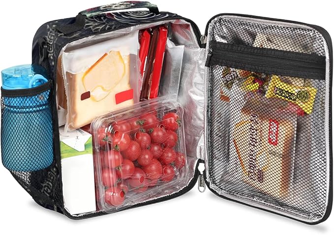 Goth Skull Insulated Lunch Bag for Girls Boys Teen Skeleton Flower Reusable Lunch Box with Shoulder Strap Freezable Thermal Cooler Bag Meal Prep Boxs for School Travel Picnic Beach Lunch Pail