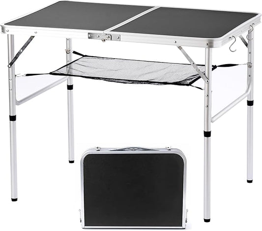 Folding Camping Table, 36''L x24''W Camp Aluminum Table with Adjustable Height Legs, Indoor Outdoor Lightweight Portable Folding Dining Table for Camp Picnic Beach 3Ft black 2 Heights 15"/28"）