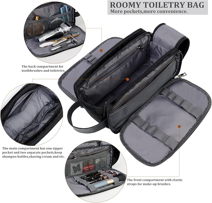 Mens Toiletry Bag Travel Leather Toiletry Organizer Dopp Kit for Men Water-resistant Shaving Bag for Bathroom (Black)