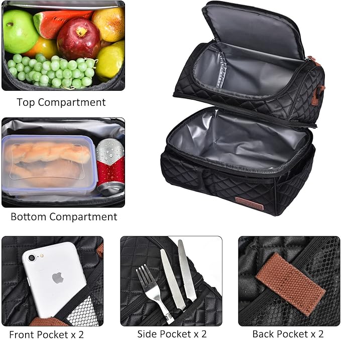 LOKASS Lunch Bags for Women Double Deck Insulated Lunch Box Large Cooler Tote Bag with Removable Shoulder Strap Wide Open Thermal Meal Prep Lunch Organizer for Men Adults Work Picnic, Black-Square