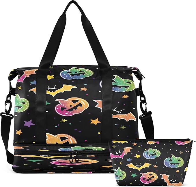 Pumpkins and Bats Travel Duffel Bag Waterproof Gym Sport Tote Bag Carry On Weekender Bag with Compartment