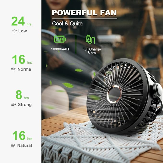 Odoland 10000mAh Camping Rechargeable Fan with Hanging Hook Carabiner, Portable Battery Operated Tent Fan, Quiet Strong Airflow, Outdoor Small USB Desk Fan for Picnic Travel Barbecue Fishing