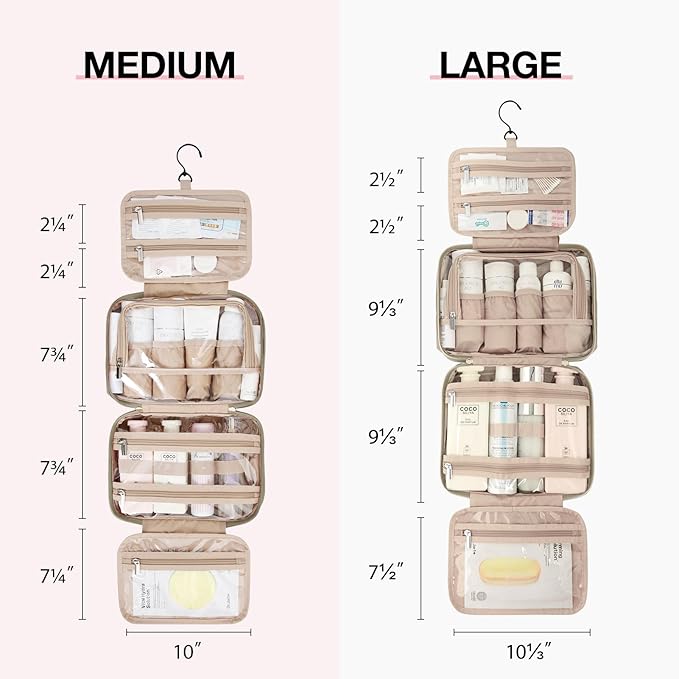 BAGSMART Toiletry Bag Hanging Travel Makeup Organizer with TSA Approved Transparent Cosmetic Bag Makeup Bag for Full Sized Toiletries, Large-Camel