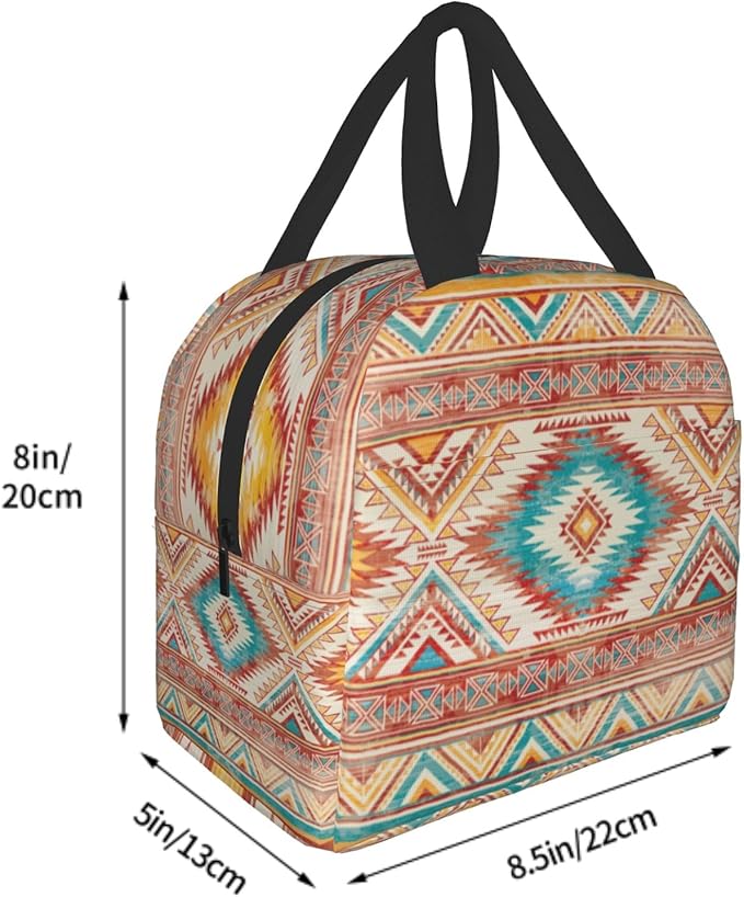 Giwawa Aztec Ethnic Lunch Box Native American Southwestern Tribal Geometric Thermal Lunch Bag with Front Pocket Insulated Meal Cooler Handbag for Kids Teens Girls Picnic Men Women Work