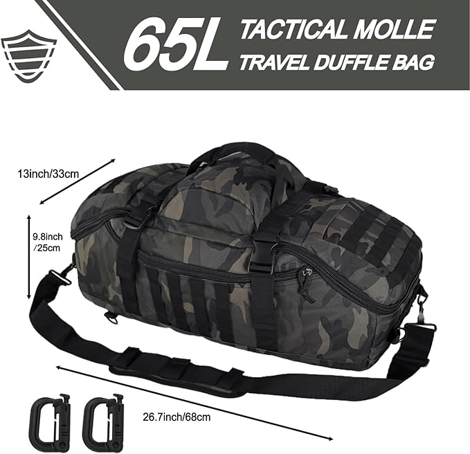 Travel Gym Duffle Bag Tactical, for Men Women Multi-functional Backpack, 3 in 1 Shoulder Bag Backpack Handbag for Sports Hiking Camping, Water Resistant & Easy Clean (Black Camo, 65L)