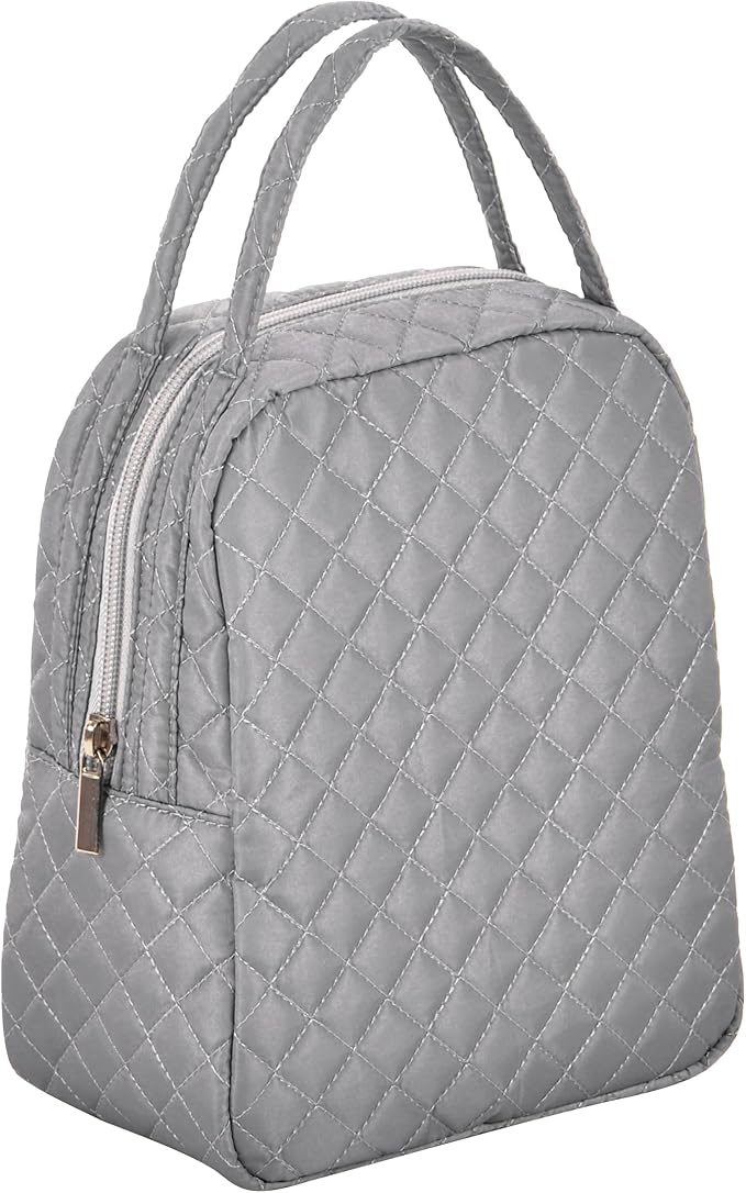 Machine Washable Women Quilted Fabric Insulated Reusable Cooler Lunch Bag Tote Adult Thermal Lunch Box Storage Bag for Ｗork (Grey)