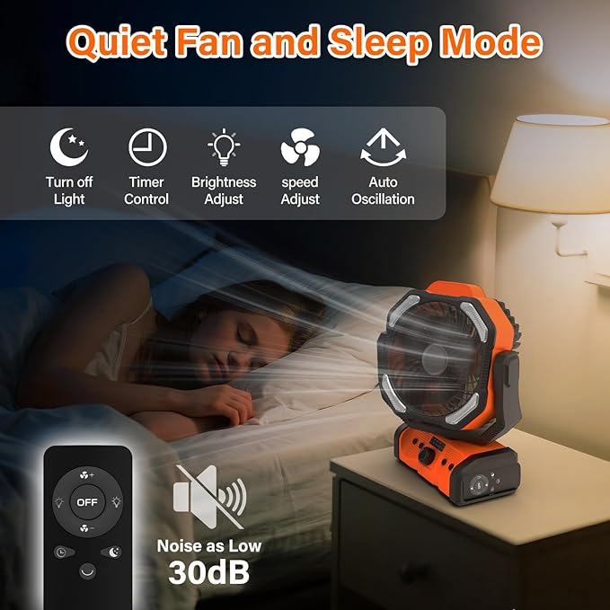 Camping Fan with Remote & Timer - 20000mAh Dual-Blade Rechargeable Fan, Auto Oscillation, 270° Pivot Hook for Hurricane Emergency, Power Outage, Garage, Patio, RV Travel, Outdoor