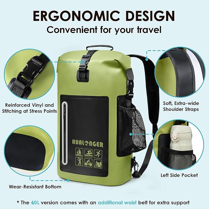 Waterproof Backpack 20L/30L/40L- Roll Top Closure Bag - Hiking Backpack - Lightweight Durable Floating Dry Bag with IPX8 Waterproof Phone Case