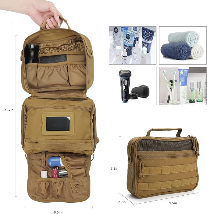 SUNRISING Tactical Toiletry Bag for Men - Hanging Travel Dopp Kit, Shaving Hygiene Organizer, Durable Bathroom Essentials for Short Trips & Camping Khaki