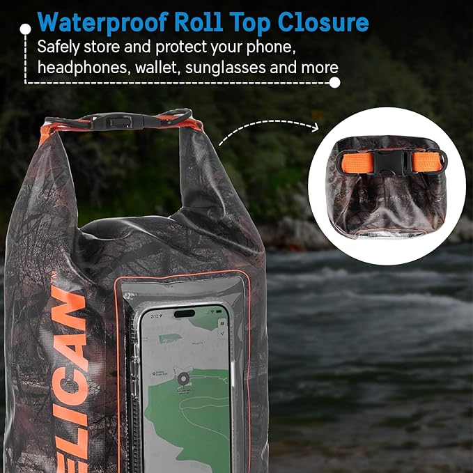 Pelican Marine IP68 Waterproof Dry Bag 5L - Roll Top Waterproof Backpack w/Phone Case/Pouch - Boating & Kayak Accessories - Essentials for Camping Swimming Beach Fishing Rafting Travel - Hunter Camo