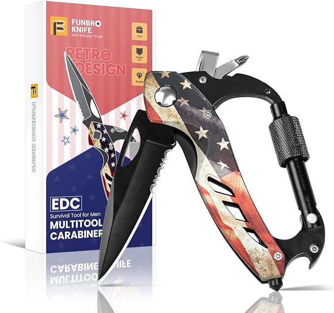 Multitool Carabiner Knife Tools for Men, Cool Gadgets Survival Gear with Folding Knives, Bottle Opener, Window Breaker and Screwdriver for Hiking Camping, 7-in-1 EDC Multi Tool (USA Flag)