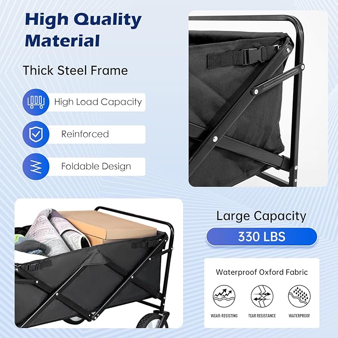 FDW 39''L Collapsible Wagon Cart, Heavy Duty Utility Folding Wagon for Outdoor Sports, 330 LBS Weight Capacity, Camping, Garden, and Shopping, Black