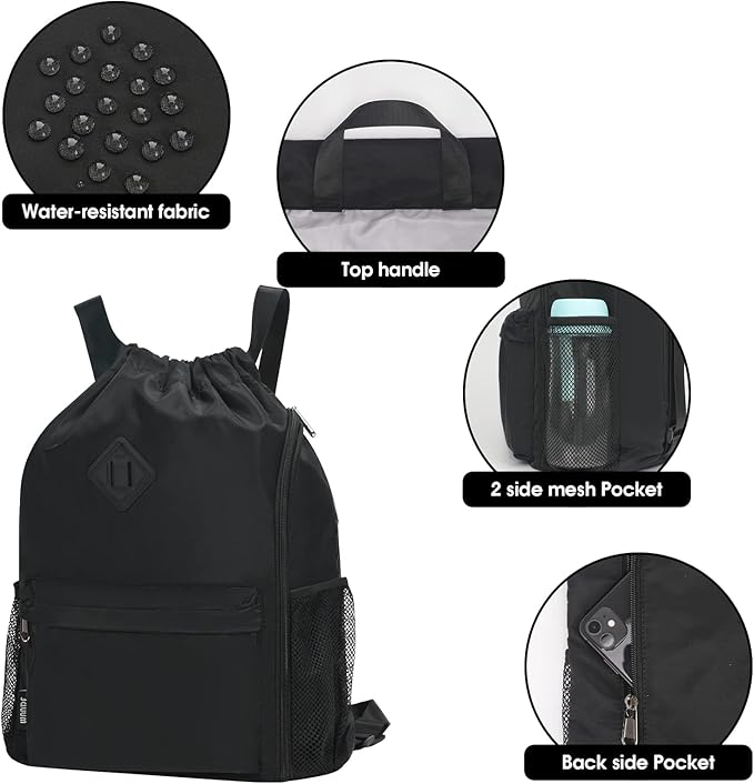WANDF Drawstring Backpack Sports Gym Bag with Shoes Compartment, Water-Resistant String Backpack Cinch for Women Men (Large,Black)