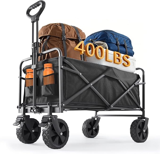 Sweetcrispy Collapsible Foldable Wagon Cart, Large Capacity Garden Cart with Wheels, Heavy Duty Utility Grocery Wagon with Drink Holders for Shopping Sports Camping,Extra Large Black