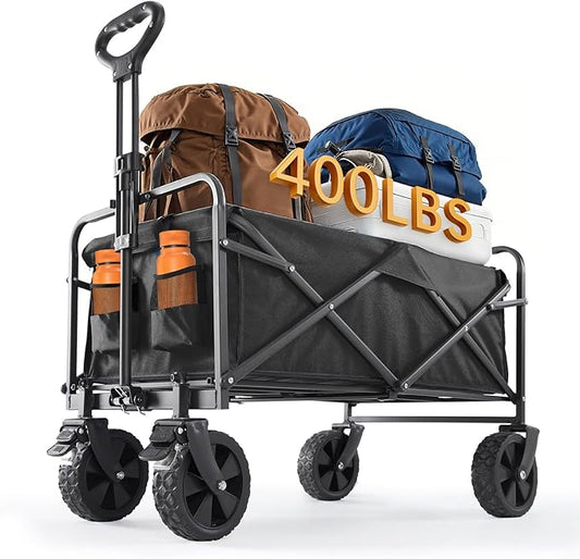 Sweetcrispy Collapsible Foldable Wagon Cart, Large Capacity Garden Cart with Wheels, Heavy Duty Utility Grocery Wagon with Drink Holders for Shopping Sports Camping,Extra Large Black