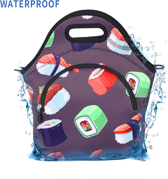 Violet Mist Womens Sushi Lunch Bag Neoprene Insulated Lunch Bag Tote Cute Cartoon Handbag Large with Pocket Detachable Adjustable Shoulder Colorful