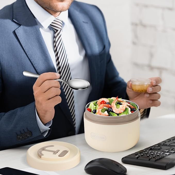 Dandat 2 Pcs Insulated Lunch Containers Thermal Bento Box with Bag Fork Knife Microwavable Stainless Steel Lunch Box 15.2 oz 21 oz Separate Stackable Thermal Food Jar for Adult Men Women(Beige)