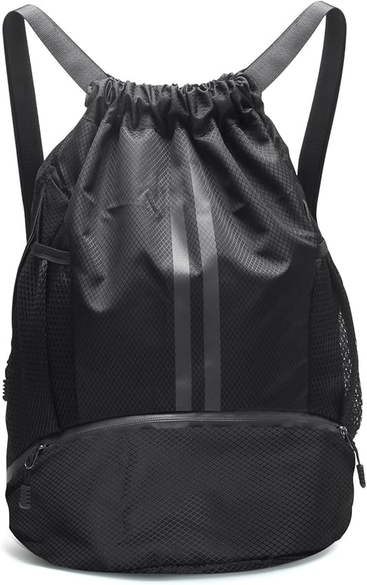 Sports Drawstring Backpack - Waterproof Swim Bag Gym Bag with Shoes Compartment and Dry/Wet Separation Pocket for Women Men Basketball, Sports, Gym, Travel