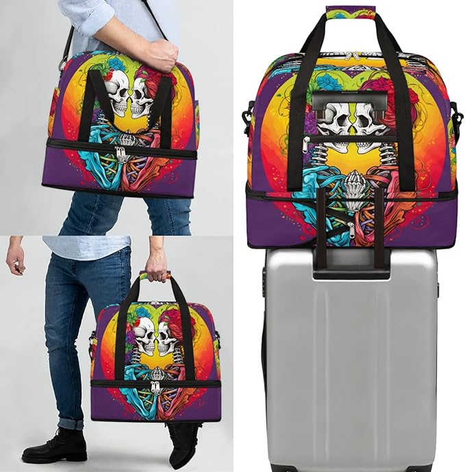 cfpolar Woman Travel Duffel Bag Heart Skull Foldable Tote Carry On Luggage Sports Gym Bag With Shoe Compartment Overnight Weekend Yoga Workout Bag Training Handbag