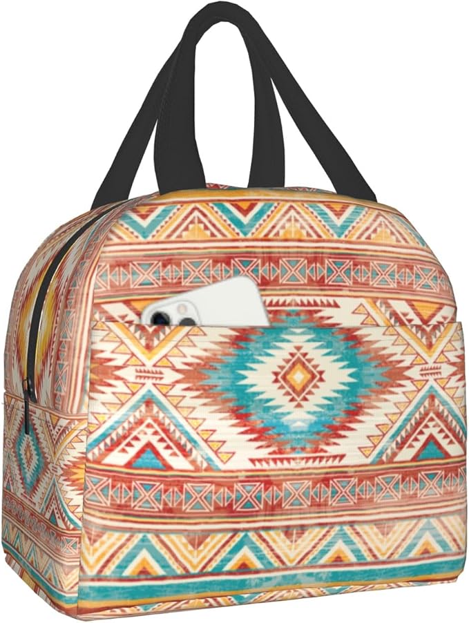 Giwawa Aztec Ethnic Lunch Box Native American Southwestern Tribal Geometric Thermal Lunch Bag with Front Pocket Insulated Meal Cooler Handbag for Kids Teens Girls Picnic Men Women Work