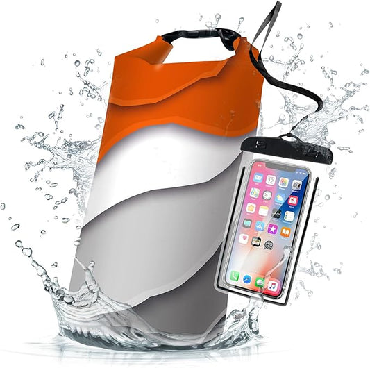 Orange Gray Geometric Modern Waterproof Backpack - 5L/10L/20L Floating and Lightweight Bags for Kayaking, Boating, Fishing, Swimming and Camping with Waterproof Phone Case