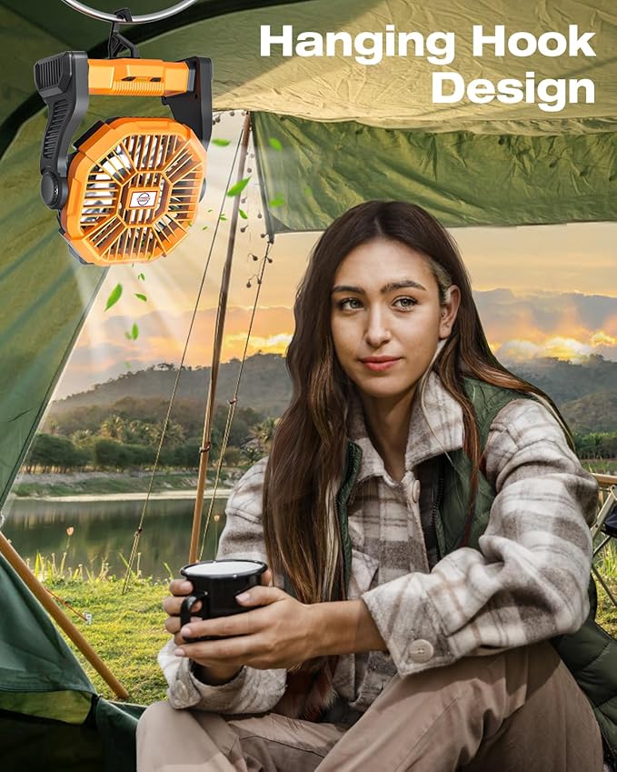 Portable Battery Operated Fan with LED Lantern, 20000mAh Outdoor Small Rechargeable Quiet Camping Fan, Personal Desk Fan Cooling Table Fan with Hanging Hook for Picnic Barbecue Fishing Travel (Orange)
