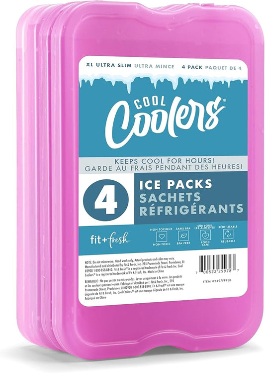 Cool Coolers by Fit & Fresh 4 Pack XL Slim Ice Packs, Quick Freeze Space Saving Reusable Ice Packs for Lunch Boxes or Coolers, Purple