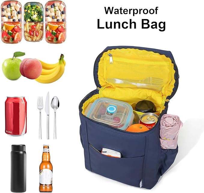NOL Natural Organic Lifestyle Insulated Lunch Bags for Women Cooler Bag Lightweight Nylon Waterproof Lunch Box For Work (Navy blue, Large)