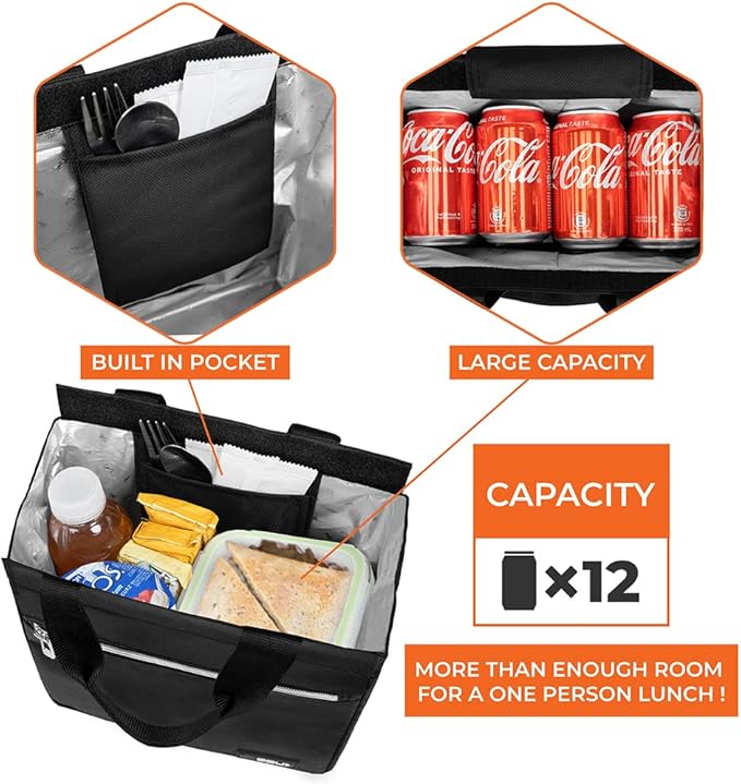 opux Lunch Bag for Women, Insulated Lunch Box Tote for Girls Kids Adult School Work, Reusable Womens Lunch Tote for Office Travel, Cute Small Lunch Tote, Fits 12 Cans - Black