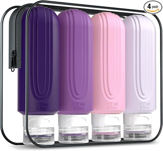 Travel Bottles for Toiletries, Large 6oz Oversize Containers, BPA Free Leak Proof Tubs Refillable Liquid Travel Accessories with Toiletry Bag for Cometic Shampoo and Lotion Soap (4 Pack)