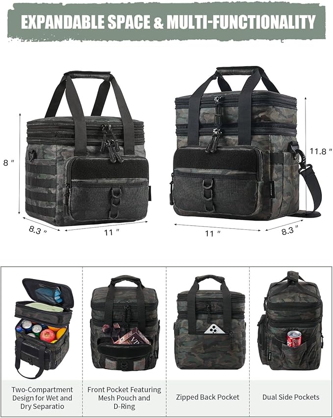 JOYHILL 18 L Tactical Lunch Box - Insulated, Leakproof, and Expandable Double-Deck Cooler Bag for Work, Camping, Picnic - Durable Black Lunch Bag for Adults,24 Can