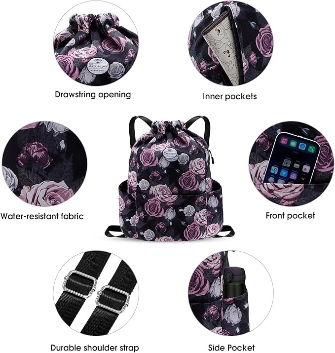HUA ANGEL Floral Print Drawstring Bag - Lightweight Waterproof Cinch Sackpack with Side Pocket for Men & Women Travel Gym Bag