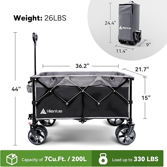 Hikenture Collapsible Wagon Cart, 330lbs Capacity Beach Wagons with Big Wheels for Sand, Heavy Duty Foldable Cart with Brakes, Portable Utility Folding Garden Cart for Outdoor